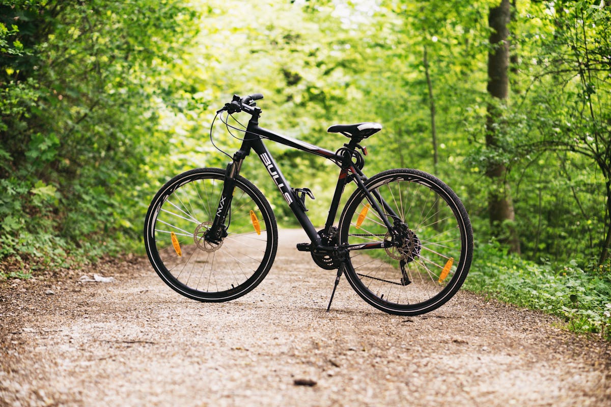 A hybrid bicycle propped up on a hard-packed path through a green, tree-lined corridor
